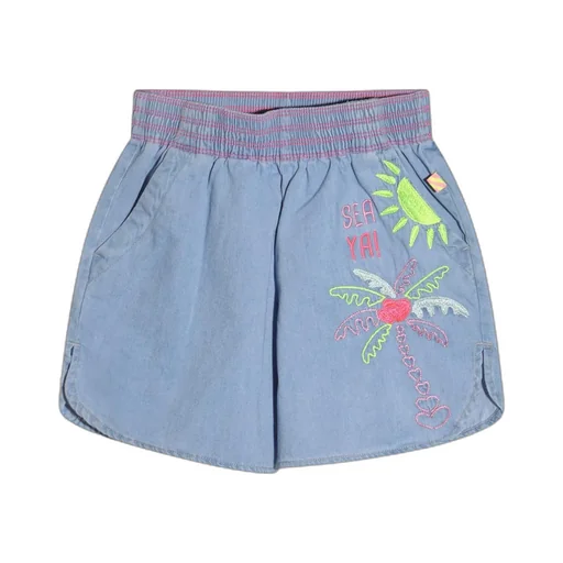 Denim Shorts With Palm Tree And Sun Embroidery