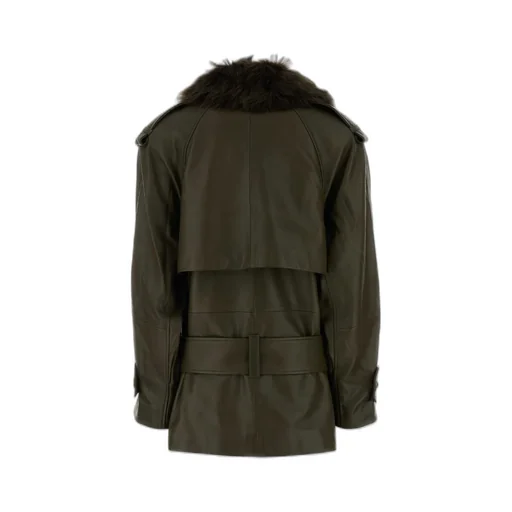 Double-Breasted Leather Coat With Fur Collar