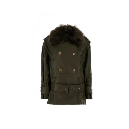 Double-Breasted Leather Coat With Fur Collar