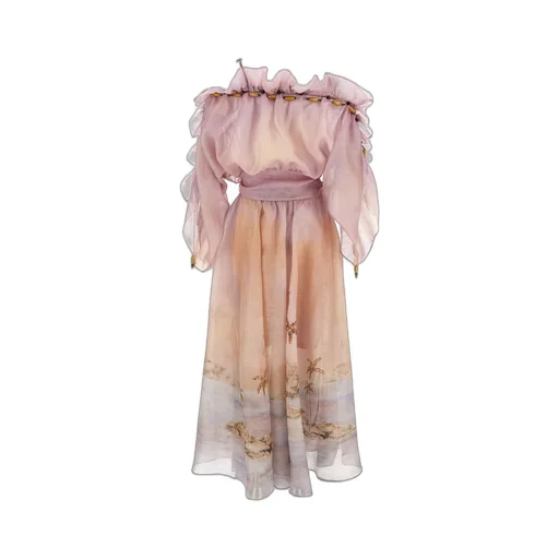 Off-The-Shoulder Ruffled Dress With Palm Tree Print