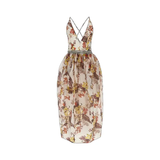 Floral Print Dress With Embellished Waistband