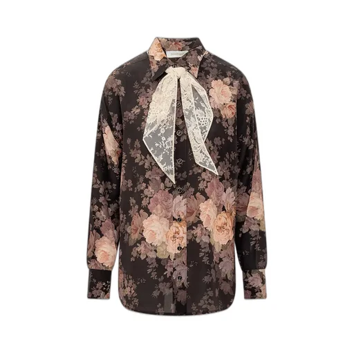 Floral Print Silk Shirt With Lace Bow