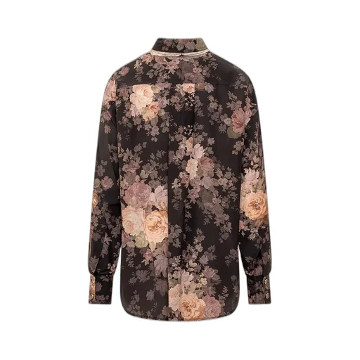 Floral Print Silk Shirt With Lace Bow