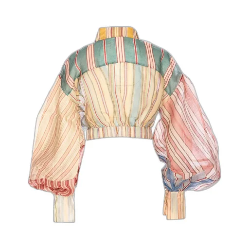 Striped Balloon Sleeve Wrap Blouse