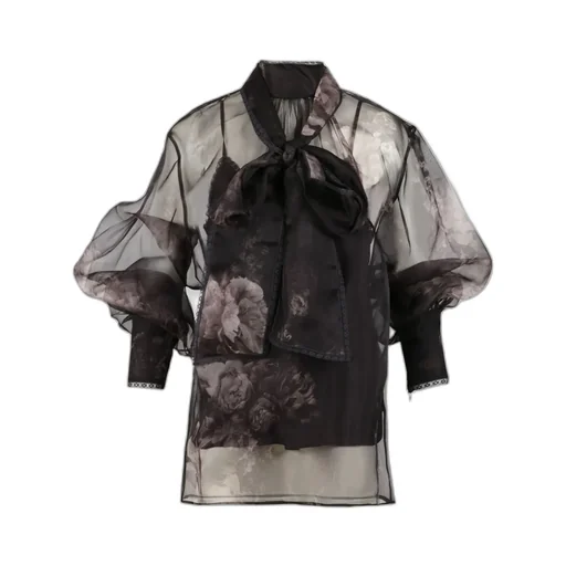 Sheer Floral Print Blouse With Pussy-Bow