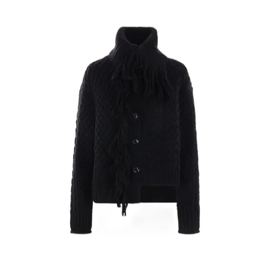 Cable Knit Turtleneck Sweater With Fringe