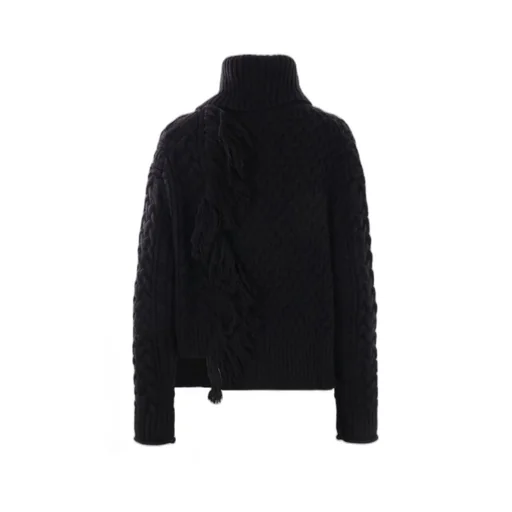 Cable Knit Turtleneck Sweater With Fringe