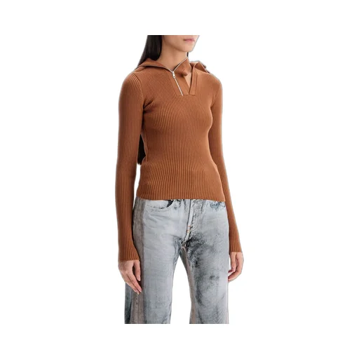 Ribbed Knit Zip-Neck Hoodie
