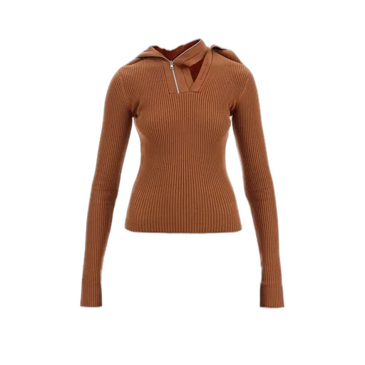 Ribbed Knit Zip-Neck Hoodie