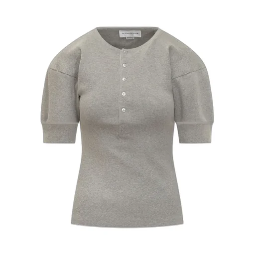 Ribbed Henley Top With Puff Sleeves