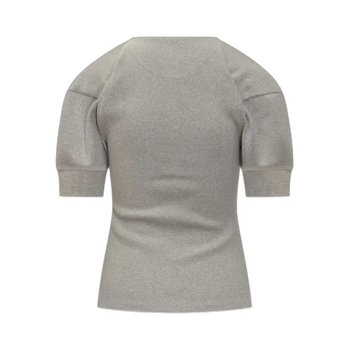 Ribbed Henley Top With Puff Sleeves