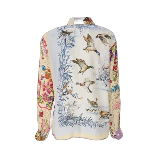 Floral And Bird Print Silk Shirt