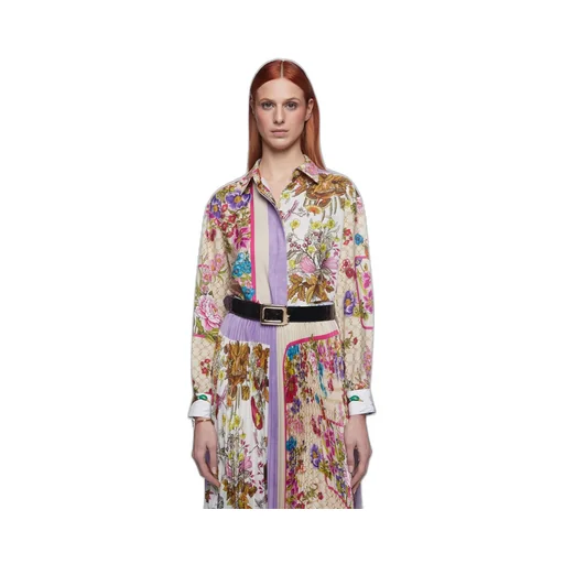 Floral And Bird Print Silk Shirt