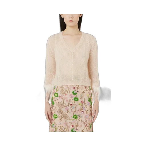 Feather-Trimmed V-Neck Sweater