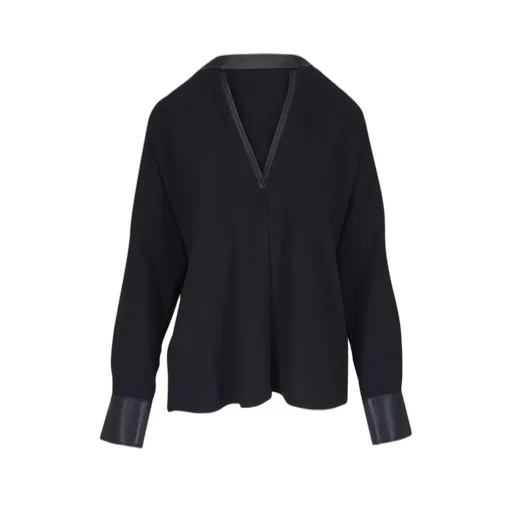 V-Neck Blouse With Leather Trim