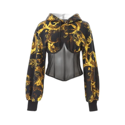 Cropped Hoodie With Baroque Print And Corset Detail