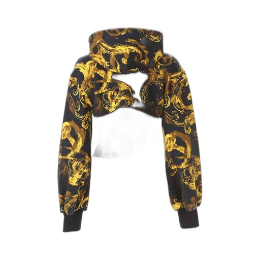 Cropped Hoodie With Baroque Print And Corset Detail