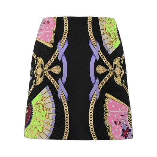 A-Line Mini Skirt With Chain And Fan Print