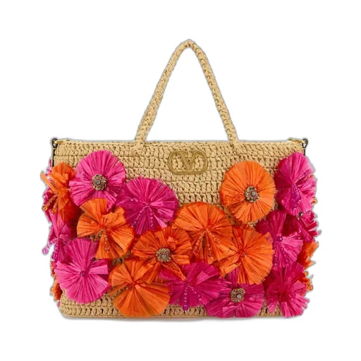 Straw Tote Bag With Floral Appliqué