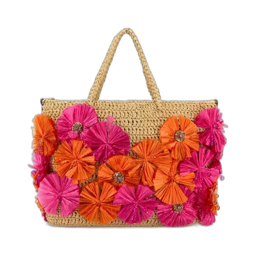 Straw Tote Bag With Floral Appliqué