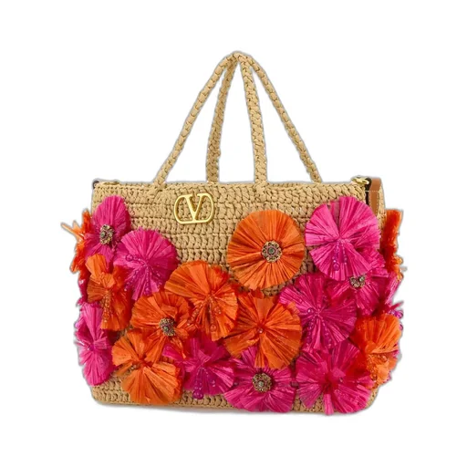Straw Tote Bag With Floral Appliqué