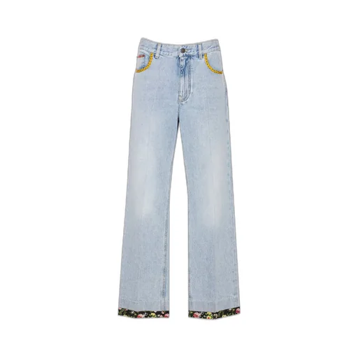 Wide-Leg Jeans With Floral Trim