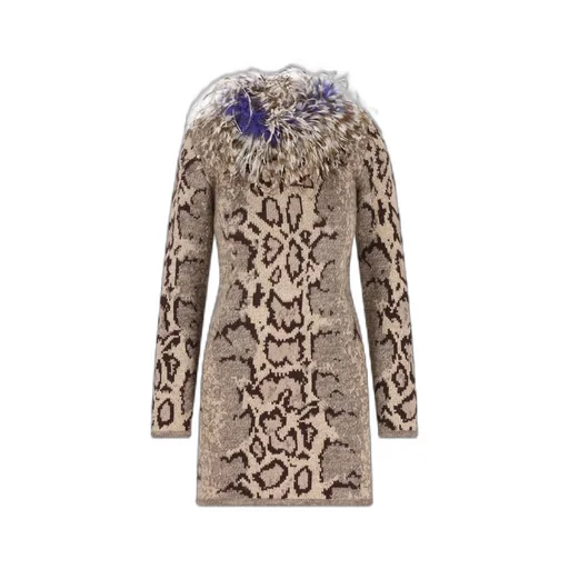 Snakeskin Print Coat With Feather Trim