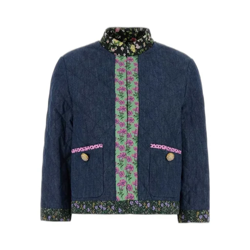Quilted Denim Jacket With Floral Trim