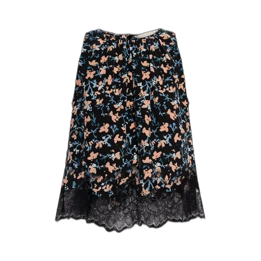 Floral Print Midi Skirt With Lace Trim