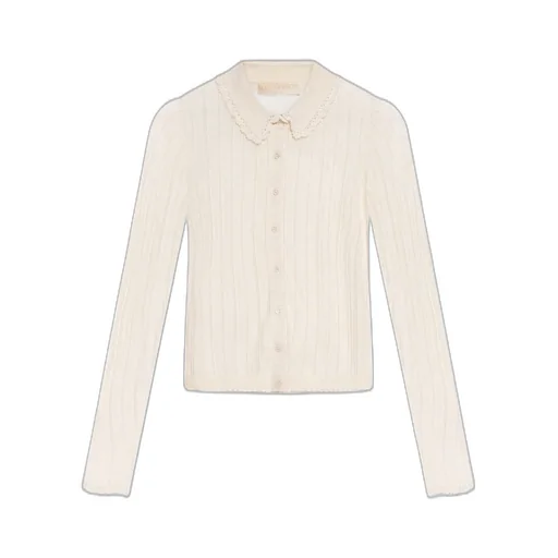 Ribbed Knit Cardigan With Peter Pan Collar