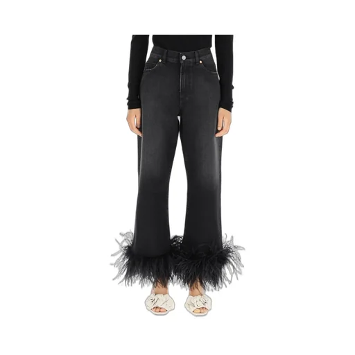 Feather-Trimmed Wide-Leg Jeans