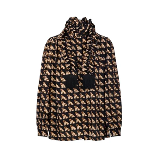 Printed Ruffled High-Neck Blouse
