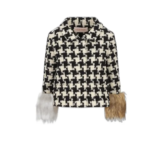 Houndstooth Jacket With Faux Fur Cuffs