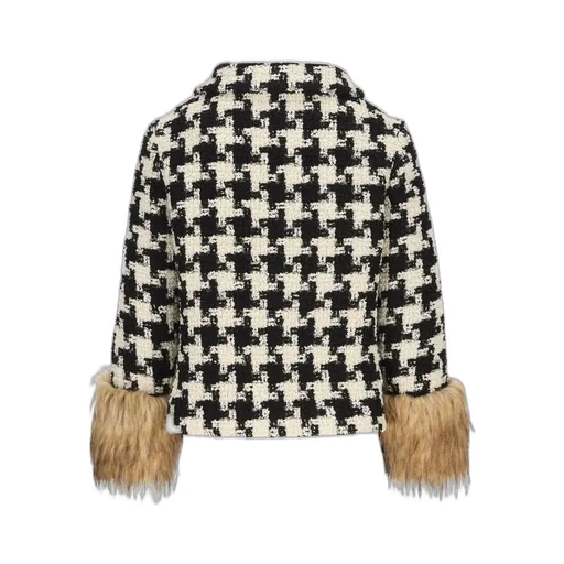 Houndstooth Jacket With Faux Fur Cuffs