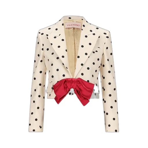 Polka Dot Cropped Blazer With Bow