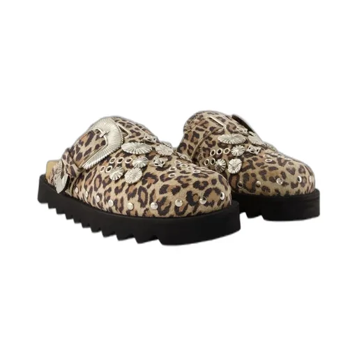 Leopard Print Clogs With Buckle And Studs