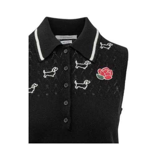 Sleeveless Polo Shirt With Dog And Rose Embroidery