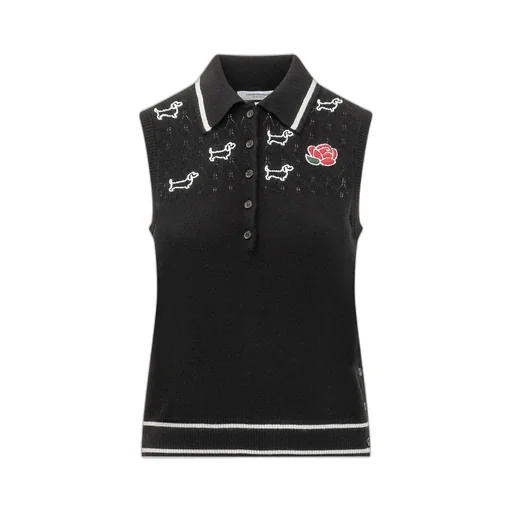 Sleeveless Polo Shirt With Dog And Rose Embroidery