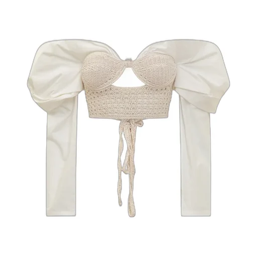 Cropped Halter Top With Puff Sleeves