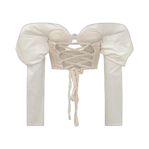 Cropped Halter Top With Puff Sleeves