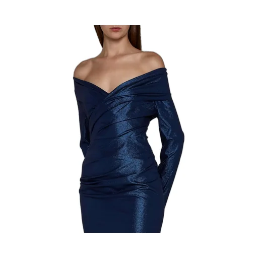Off-The-Shoulder Draped Metallic Dress