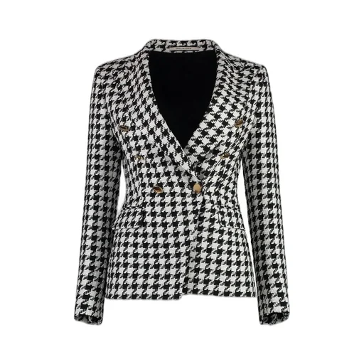 Double-Breasted Houndstooth Blazer