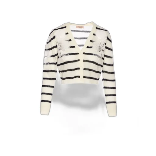 Striped Cardigan With Floral Appliqué