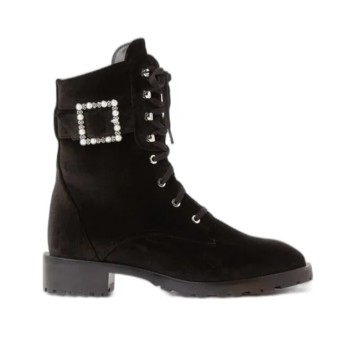 Velvet Combat Boots With Embellished Buckle