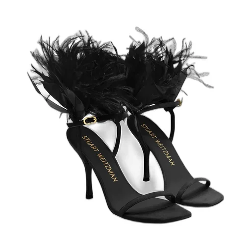 Feather-Embellished Ankle Strap Sandals