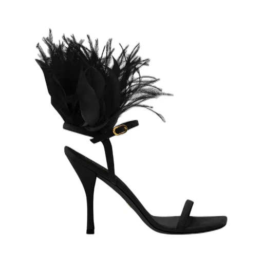 Feather-Embellished Ankle Strap Sandals