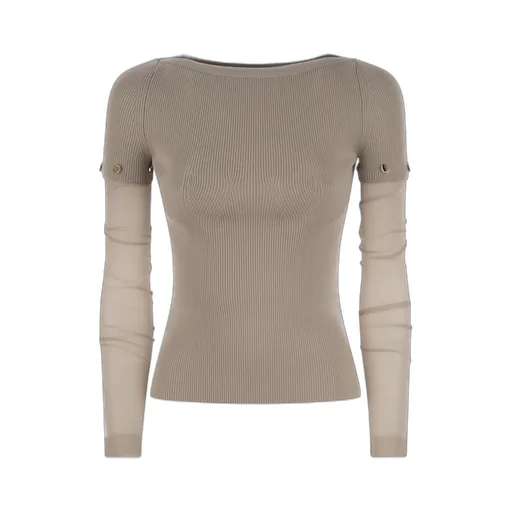 Ribbed Knit Top With Sheer Sleeves