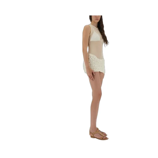 Sheer Mesh Bodysuit With Ruffled Mini Skirt