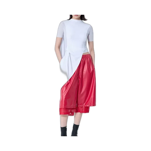 Asymmetrical Draped Top With Mesh Sleeves