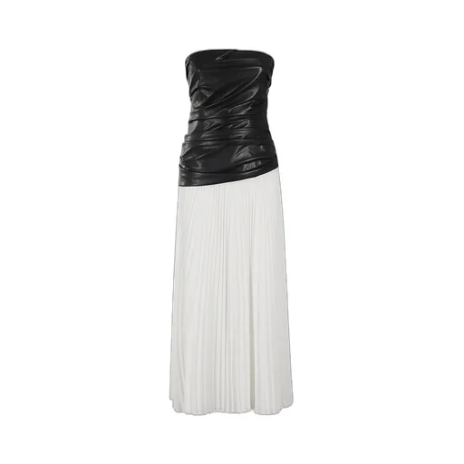 Strapless Ruched Faux Leather And Pleated Maxi Dress